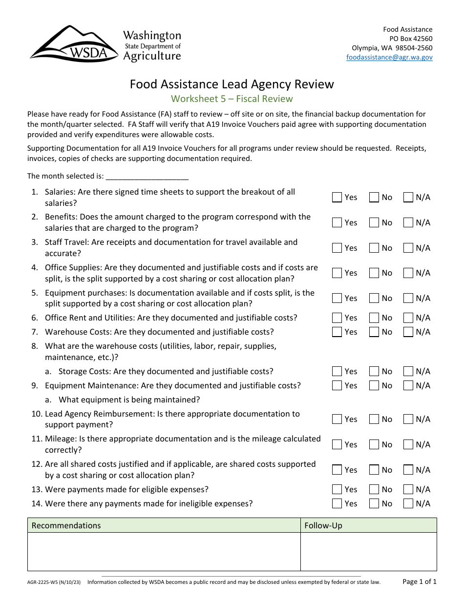 Form AGR-2225 Food Assistance Lead Agency Review - Washington, Page 26