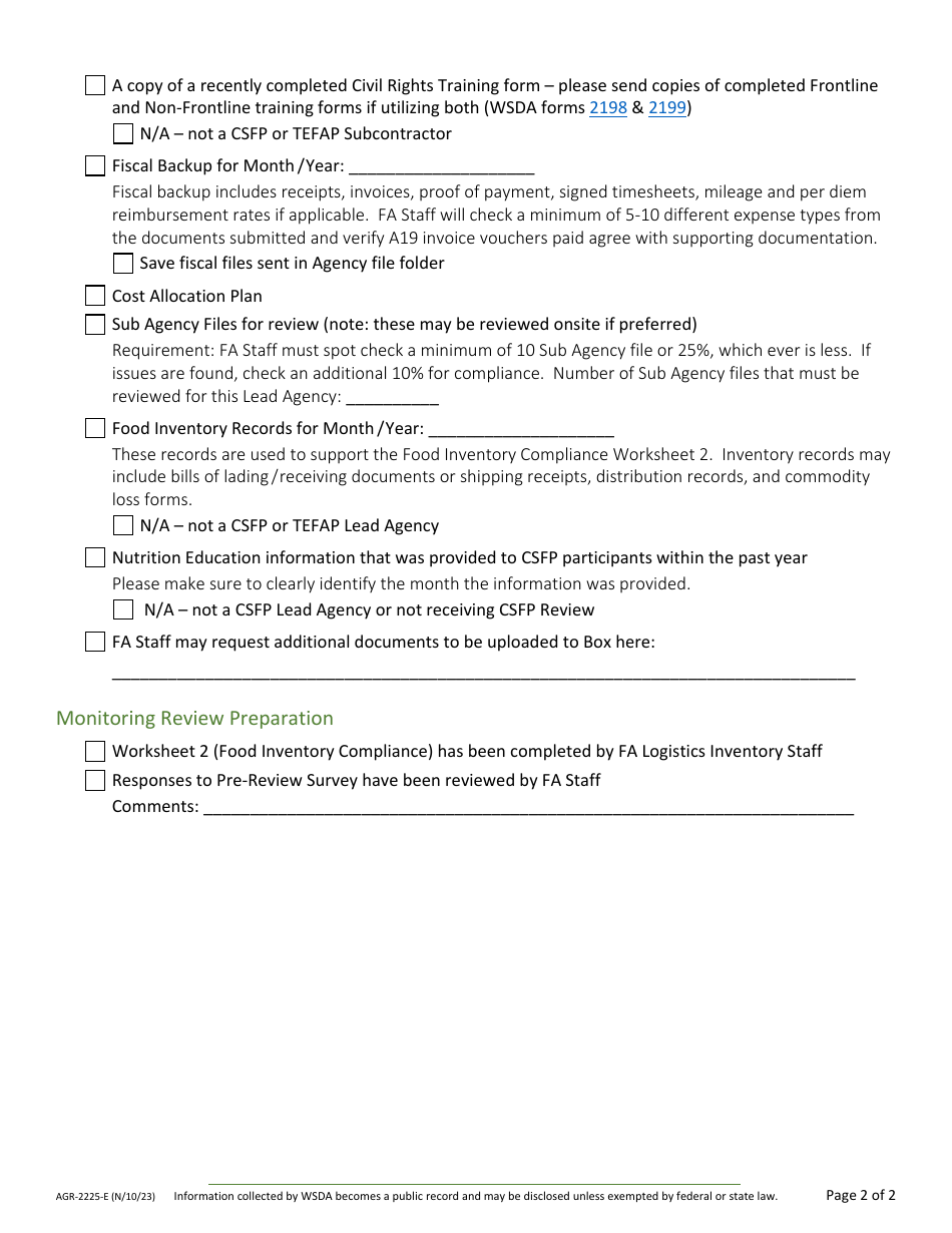 Form AGR-2225 Food Assistance Lead Agency Review - Washington, Page 3