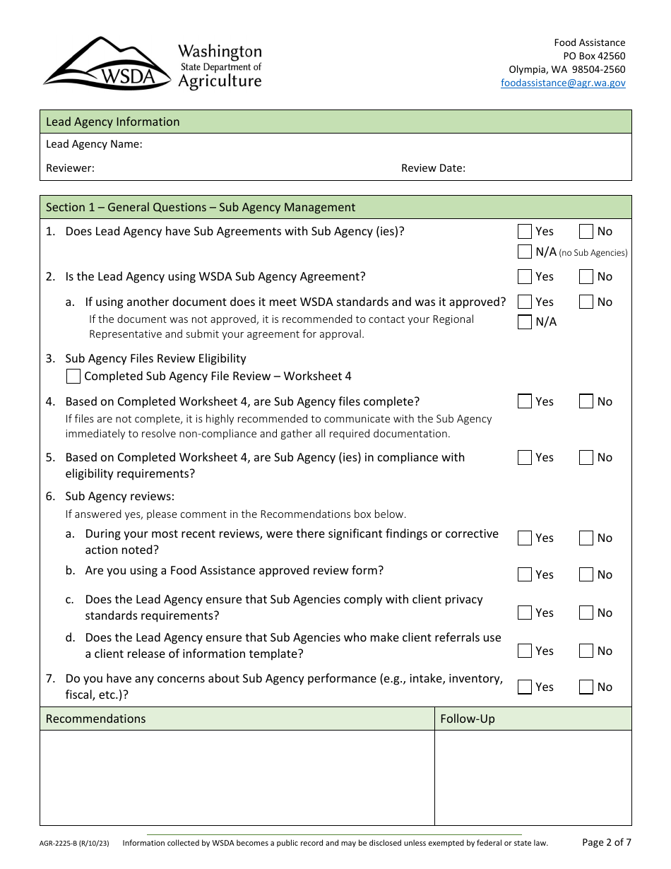 Form AGR-2225 Food Assistance Lead Agency Review - Washington, Page 5