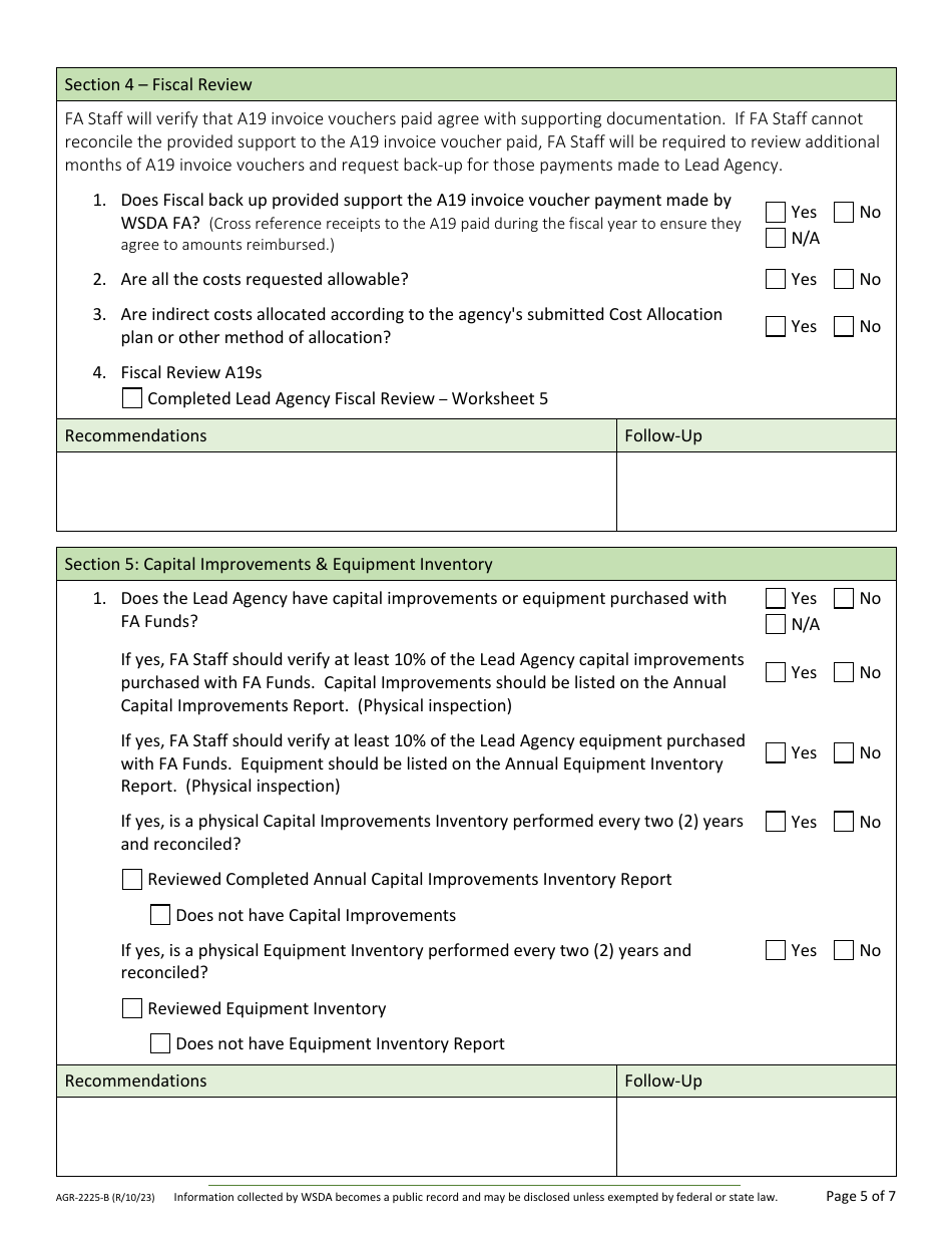 Form AGR-2225 Food Assistance Lead Agency Review - Washington, Page 8