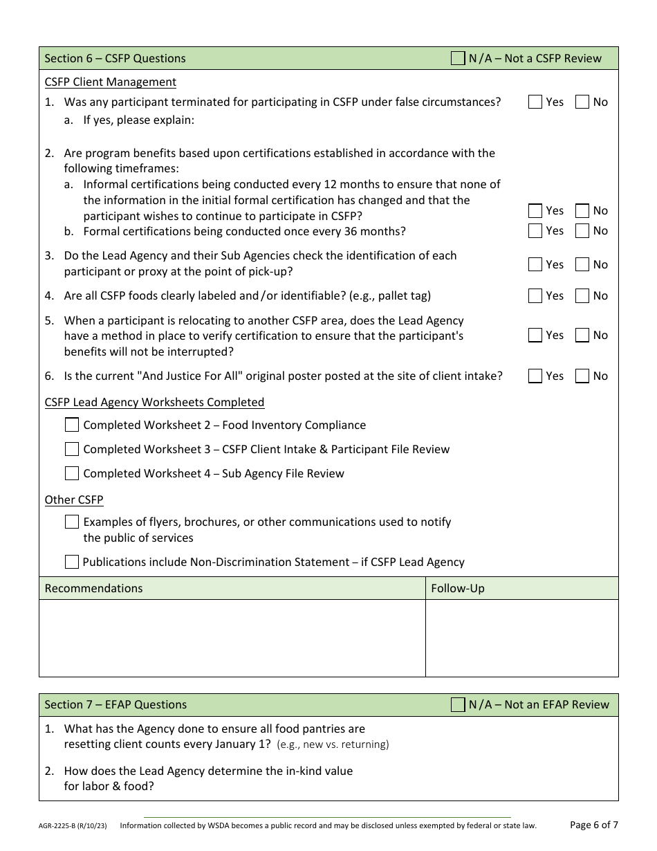 Form AGR-2225 Food Assistance Lead Agency Review - Washington, Page 9