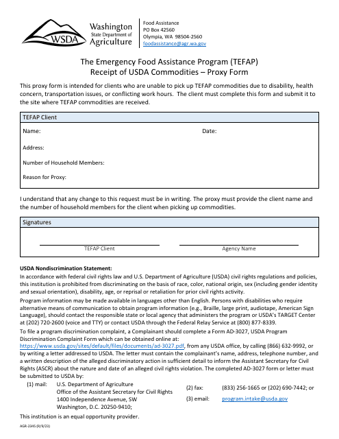 Form AGR-2345 Receipt of Usda Commodities - Proxy Form - the Emergency Food Assistance Program (Tefap) - Washington