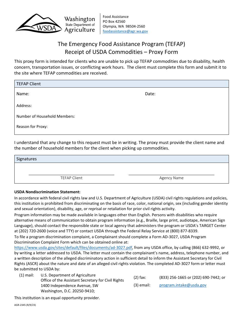 Form AGR-2345 Receipt of Usda Commodities - Proxy Form - the Emergency Food Assistance Program (Tefap) - Washington, Page 1