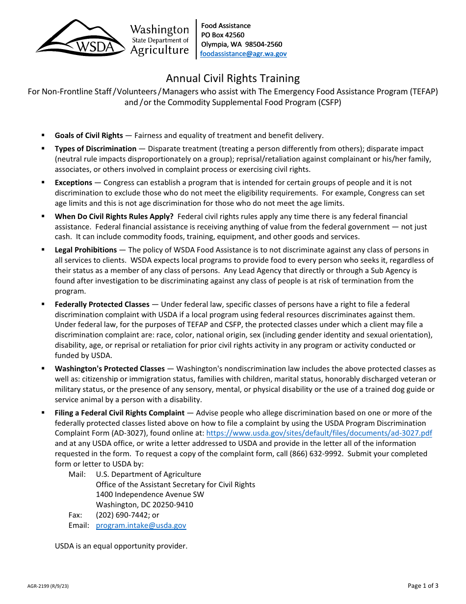 Form AGR-2199 Annual Civil Rights Training for Non-frontline Staff / Volunteers / Managers Who Assist With the Emergency Food Assistance Program (Tefap) and / or the Commodity Supplemental Food Program (Csfp) - Washington, Page 1