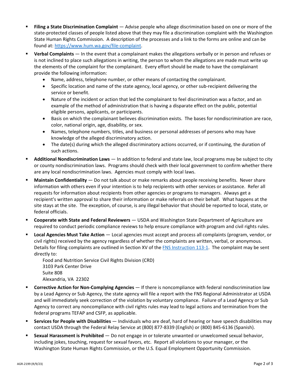 Form AGR-2199 Annual Civil Rights Training for Non-frontline Staff / Volunteers / Managers Who Assist With the Emergency Food Assistance Program (Tefap) and / or the Commodity Supplemental Food Program (Csfp) - Washington, Page 2