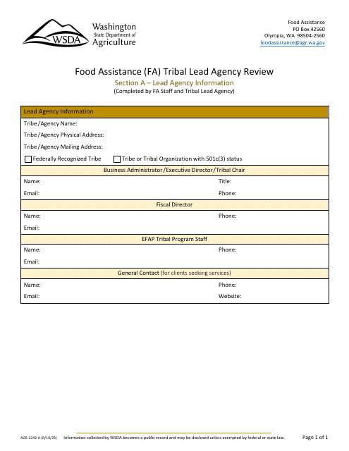 Form AGR-2242-A Food Assistance (FA) Tribal Lead Agency Review - Washington