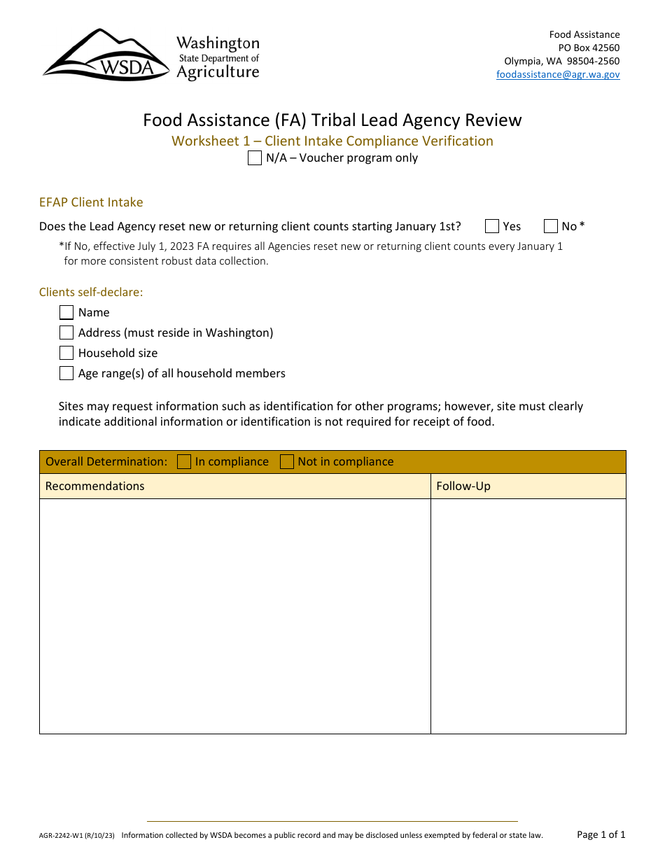 Form AGR-2242-A Food Assistance (FA) Tribal Lead Agency Review - Washington, Page 16