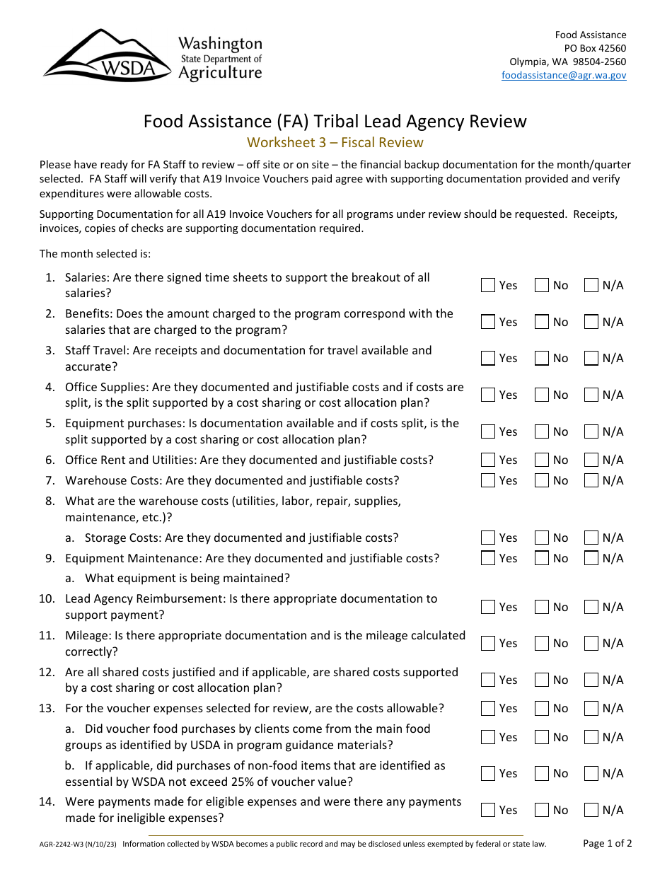 Form AGR-2242-A Food Assistance (FA) Tribal Lead Agency Review - Washington, Page 19