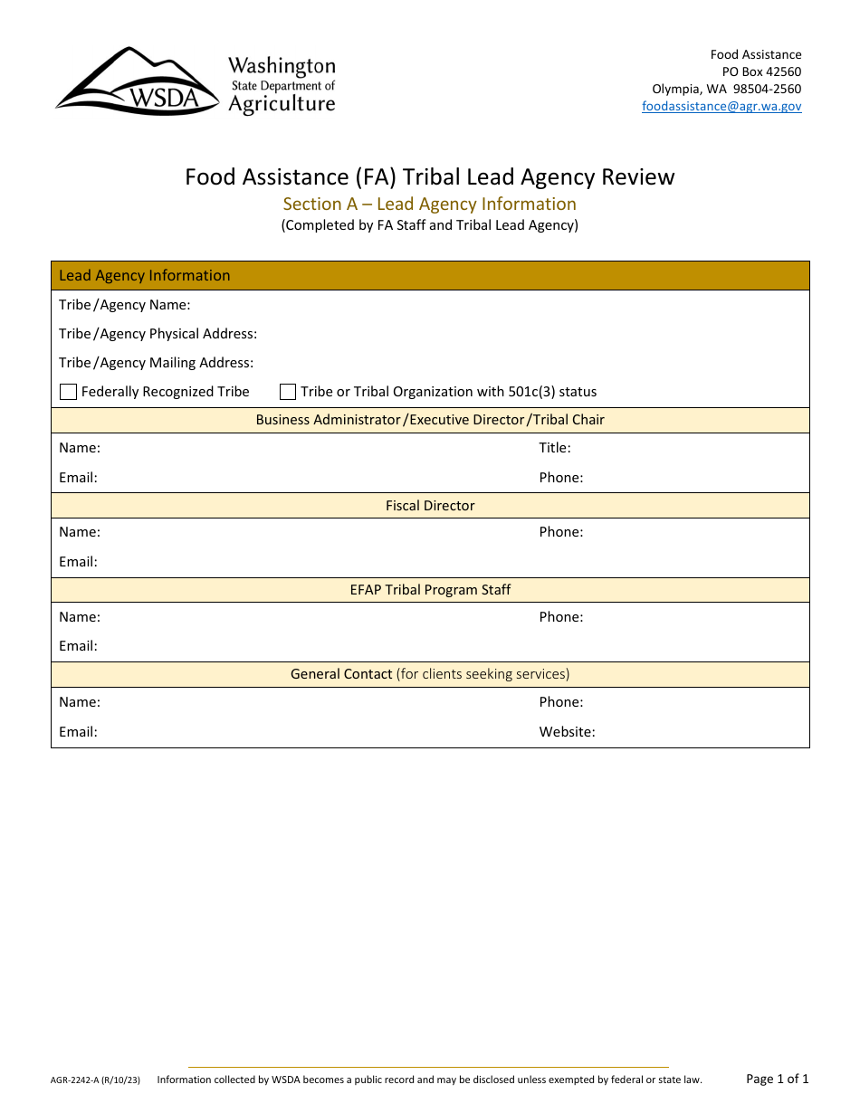 Form AGR-2242-A Food Assistance (FA) Tribal Lead Agency Review - Washington, Page 1