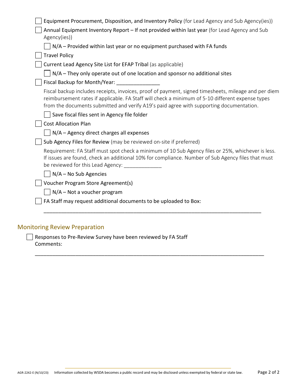 Form AGR-2242-A Food Assistance (FA) Tribal Lead Agency Review - Washington, Page 3
