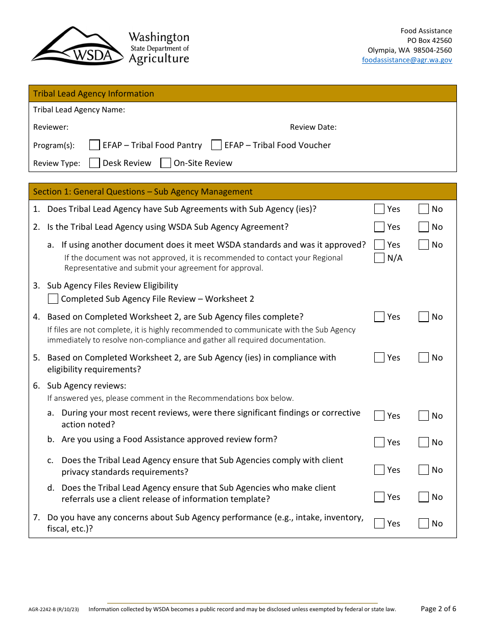 Form AGR-2242-A Food Assistance (FA) Tribal Lead Agency Review - Washington, Page 5