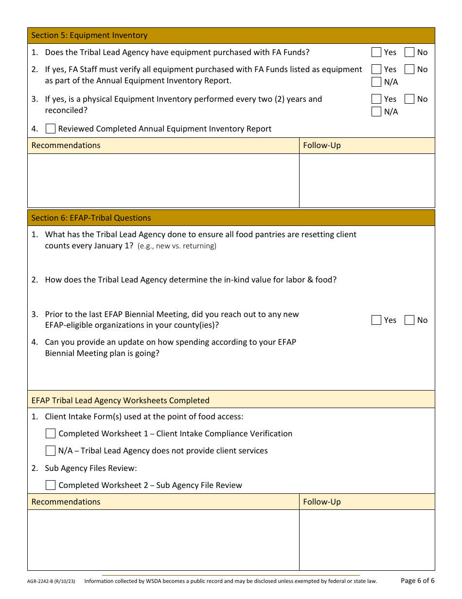 Form AGR-2242-A Food Assistance (FA) Tribal Lead Agency Review - Washington, Page 9