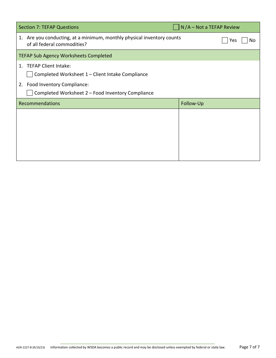 Form AGR-2227 Food Assistance (FA) Sub Agency Review - Washington, Page 10