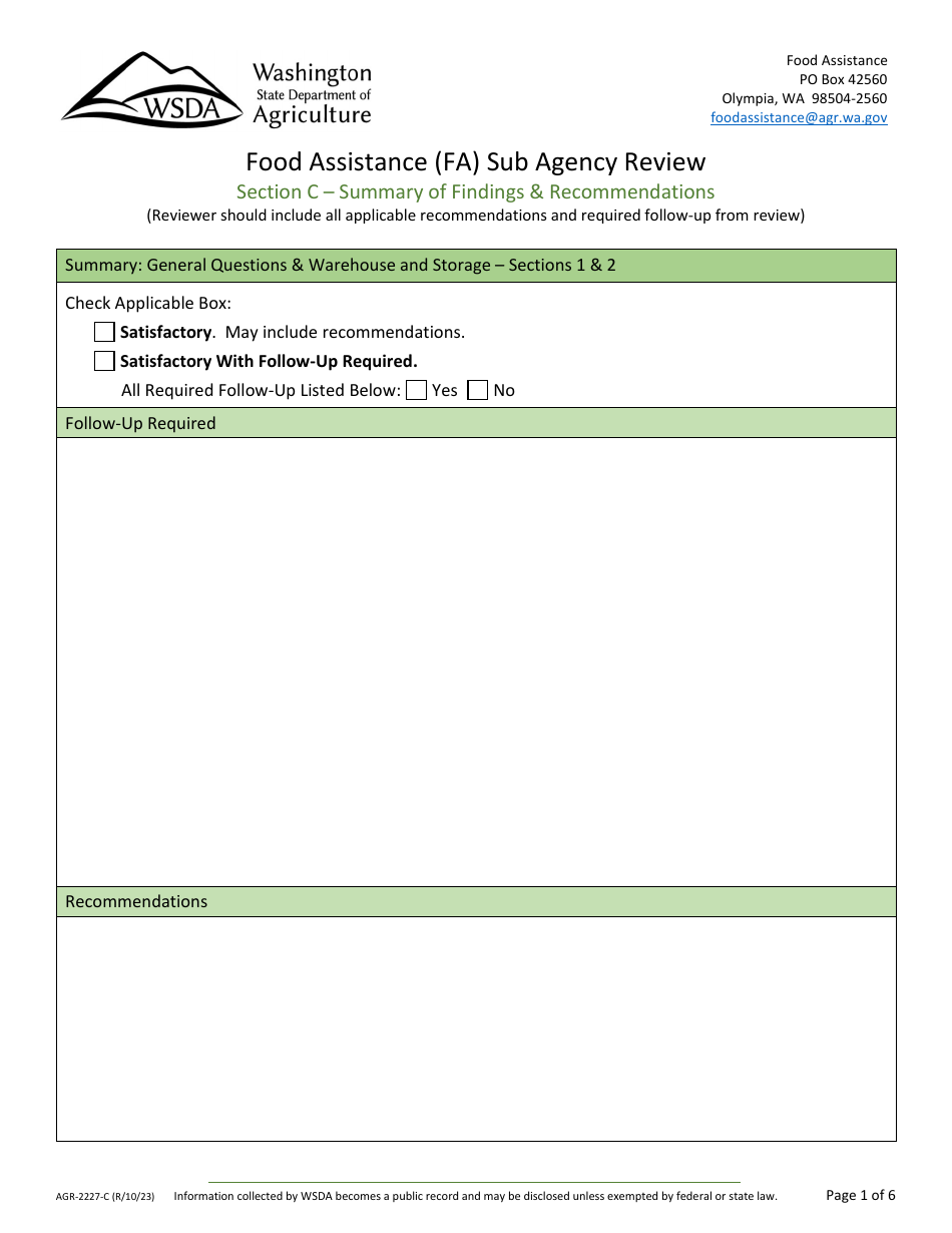Form AGR-2227 Food Assistance (FA) Sub Agency Review - Washington, Page 11