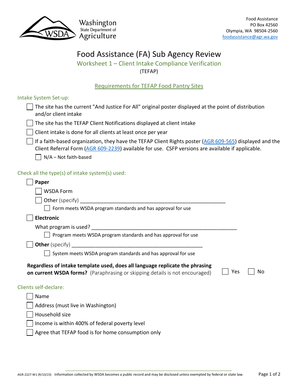 Form AGR-2227 Food Assistance (FA) Sub Agency Review - Washington, Page 18