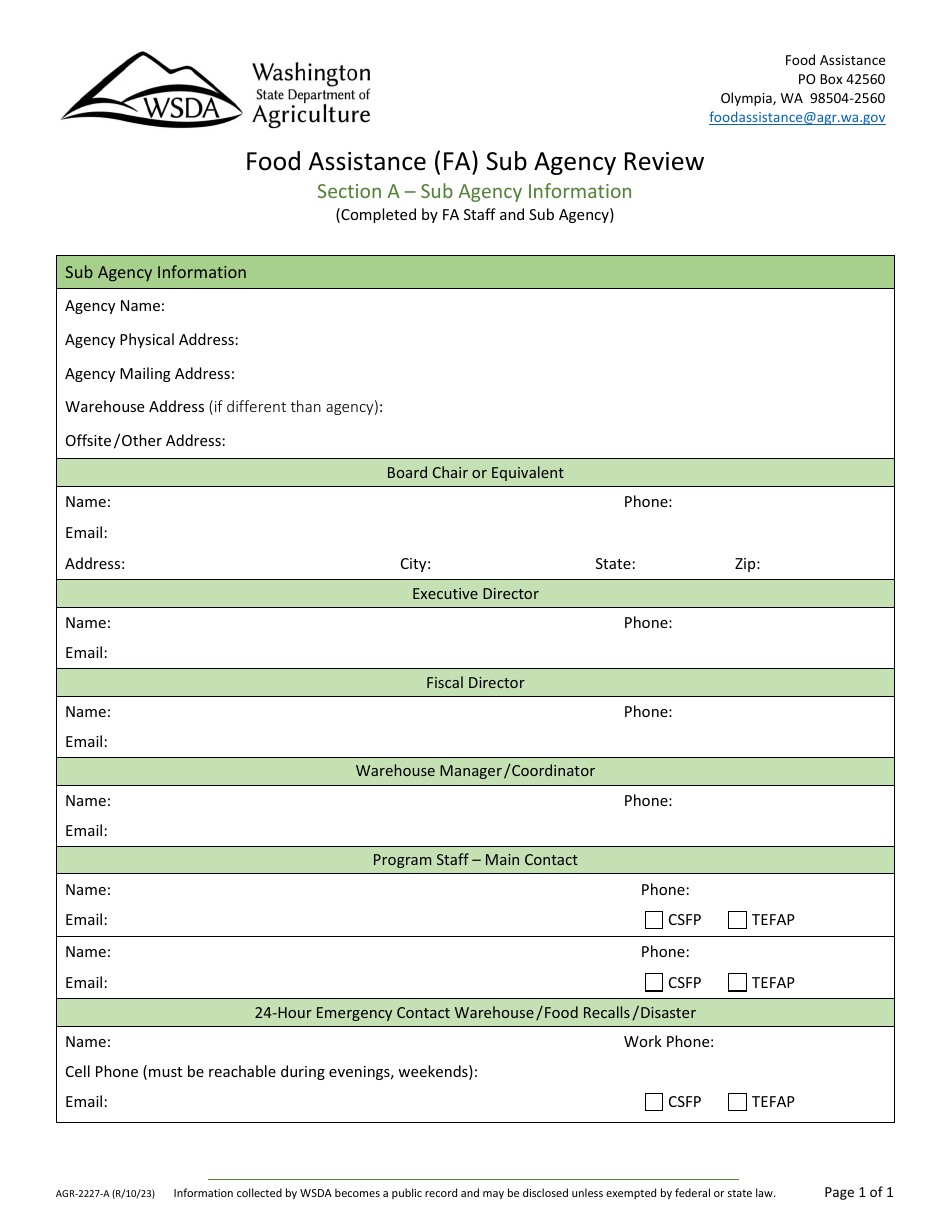Form AGR-2227 Food Assistance (FA) Sub Agency Review - Washington, Page 1