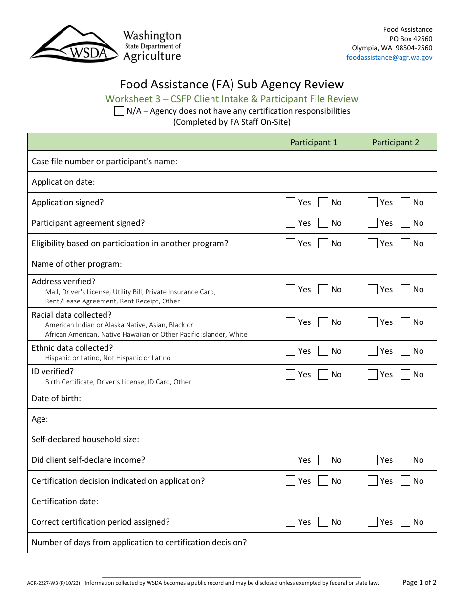 Form AGR-2227 Food Assistance (FA) Sub Agency Review - Washington, Page 21