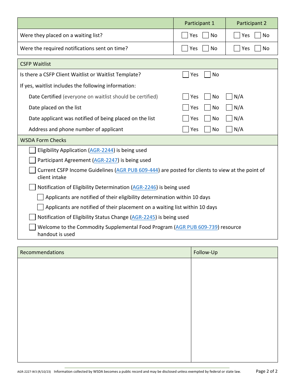 Form AGR-2227 Food Assistance (FA) Sub Agency Review - Washington, Page 22