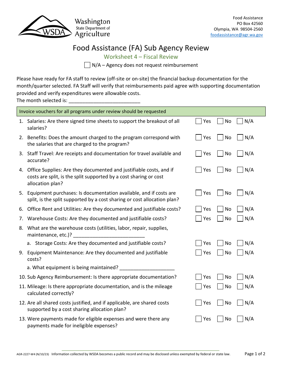 Form AGR-2227 Food Assistance (FA) Sub Agency Review - Washington, Page 23