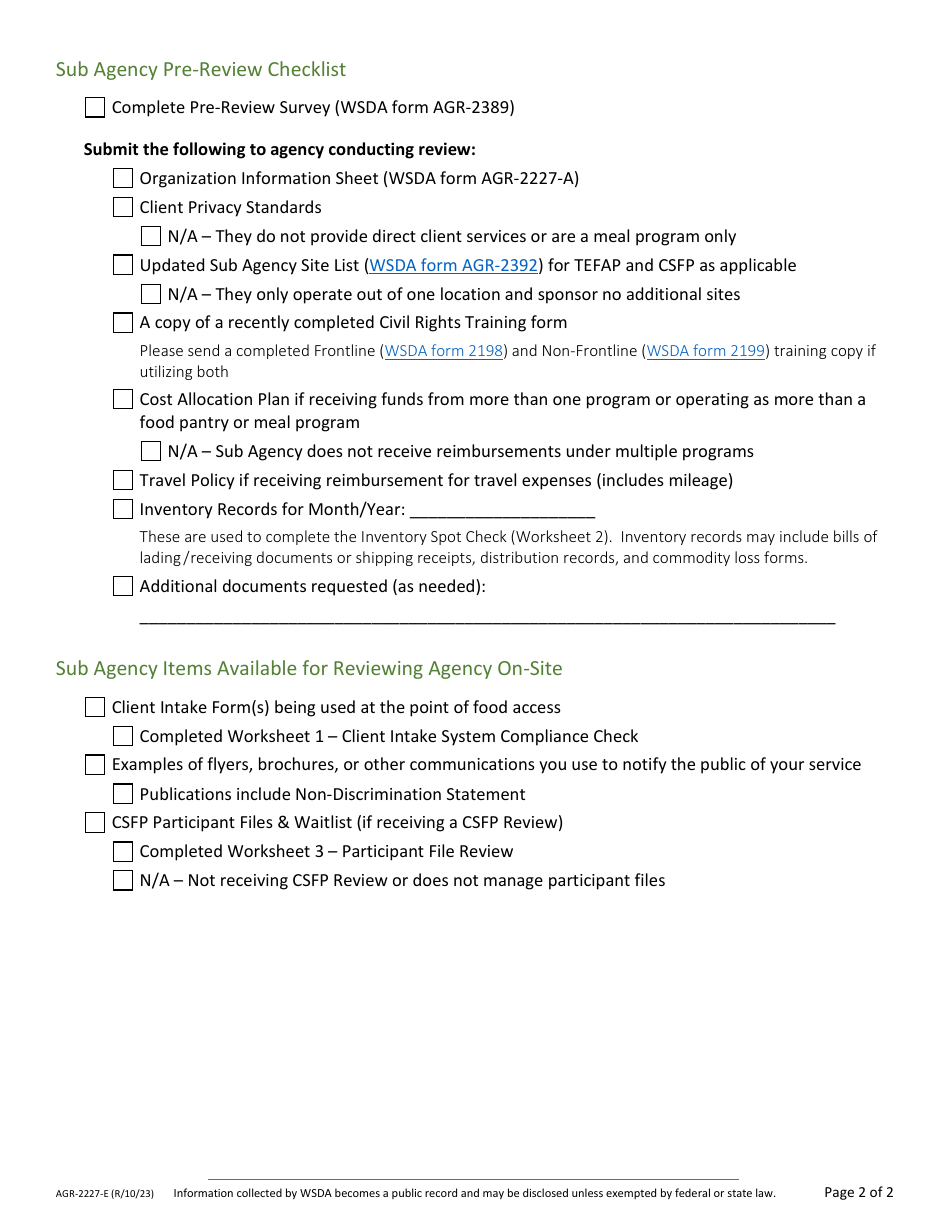 Form AGR-2227 Food Assistance (FA) Sub Agency Review - Washington, Page 3