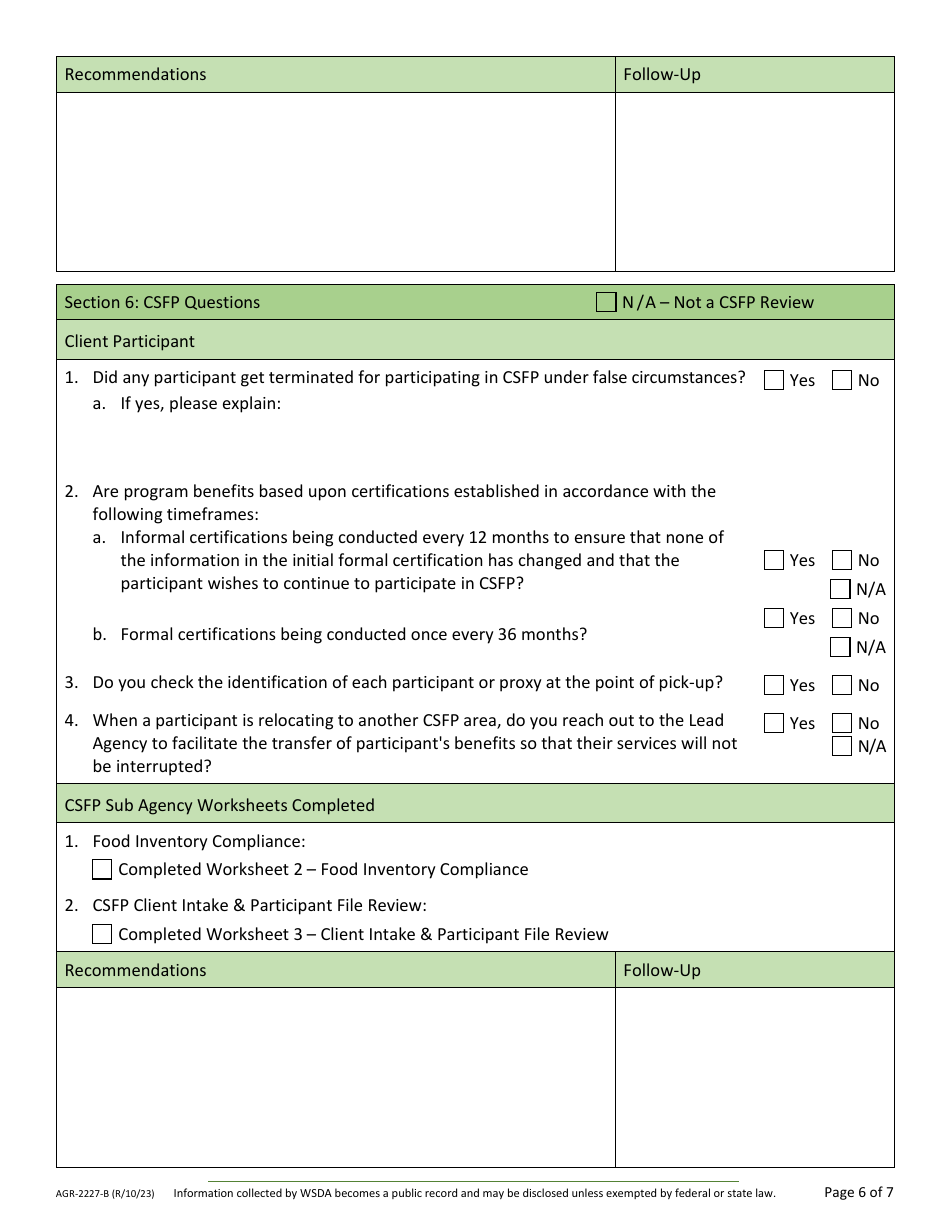 Form AGR-2227 Food Assistance (FA) Sub Agency Review - Washington, Page 9