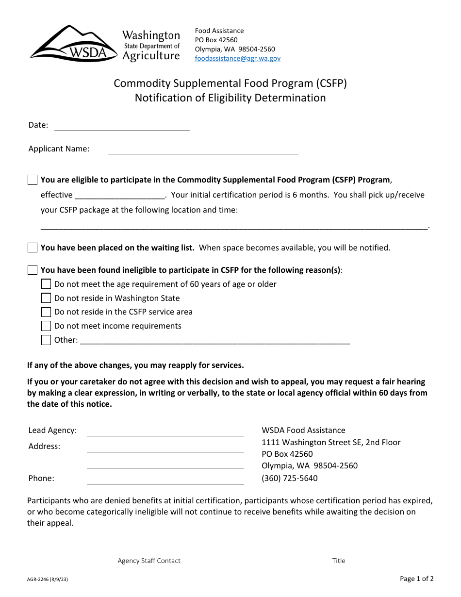 Form AGR-2246 Notification of Eligibility Determination - Commodity Supplemental Food Program (Csfp) - Washington, Page 1