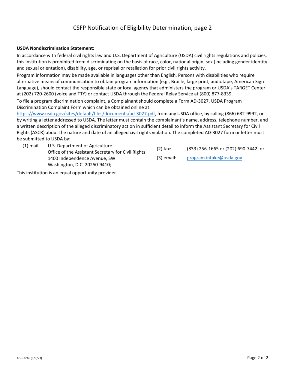 Form AGR-2246 Notification of Eligibility Determination - Commodity Supplemental Food Program (Csfp) - Washington, Page 2
