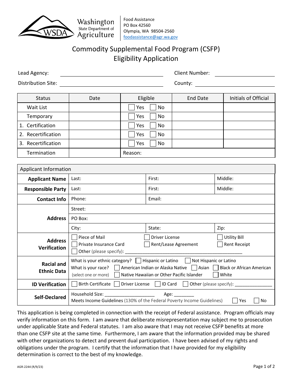 Form AGR-2244 Eligibility Application - Commodity Supplemental Food Program (Csfp) - Washington, Page 1