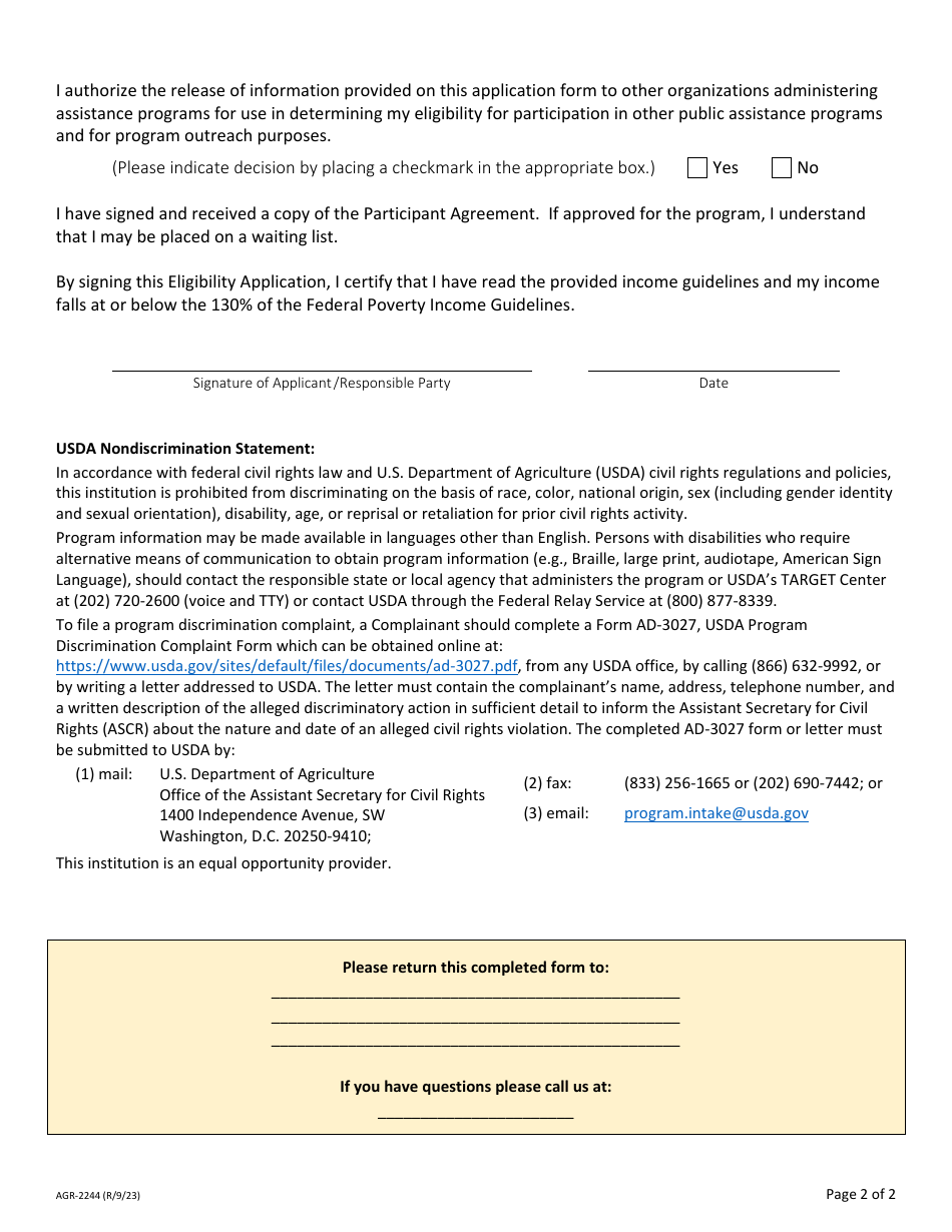 Form AGR-2244 Eligibility Application - Commodity Supplemental Food Program (Csfp) - Washington, Page 2
