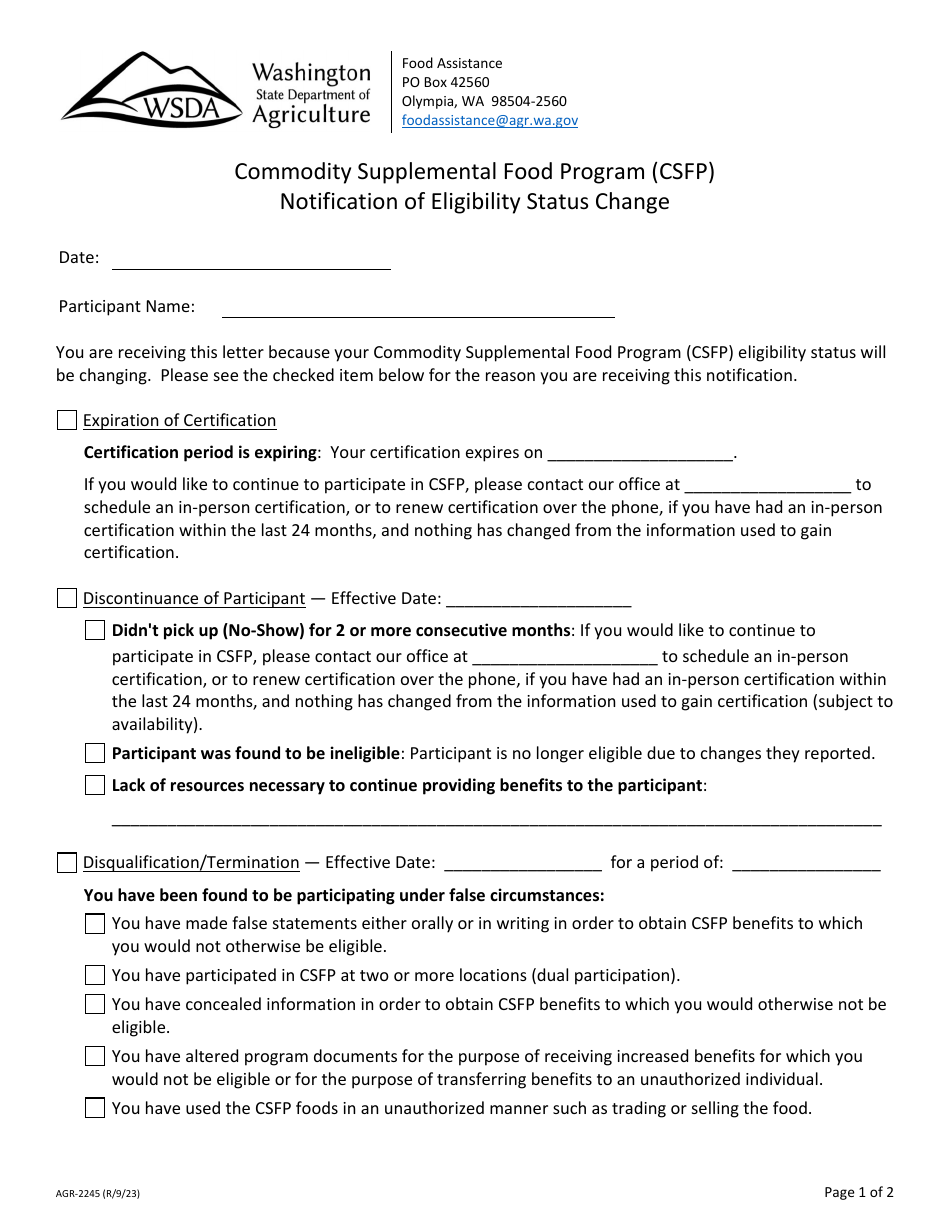 Form AGR-2245 Notification of Eligibility Status Change - Commodity Supplemental Food Program (Csfp) - Washington, Page 1