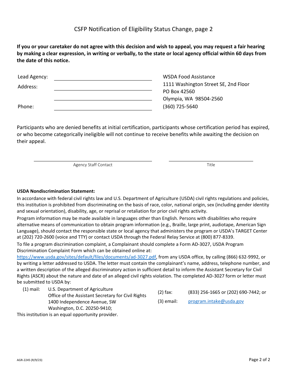 Form AGR-2245 Notification of Eligibility Status Change - Commodity Supplemental Food Program (Csfp) - Washington, Page 2