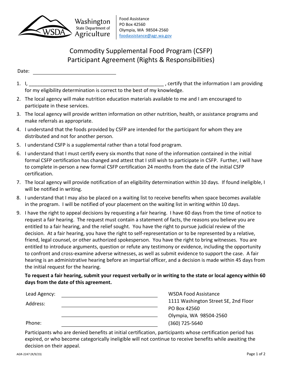 Form AGR-2247 Participant Agreement (Rights  Responsibilities) - Commodity Supplemental Food Program (Csfp) - Washington, Page 1