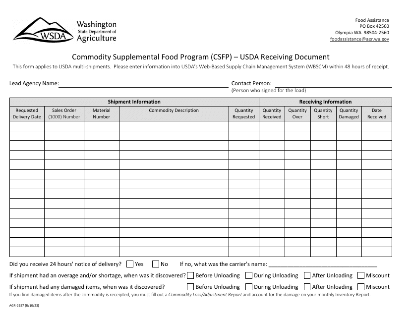 Form AGR-2257 Usda Receiving Document - Commodity Supplemental Food Program (Csfp) - Washington