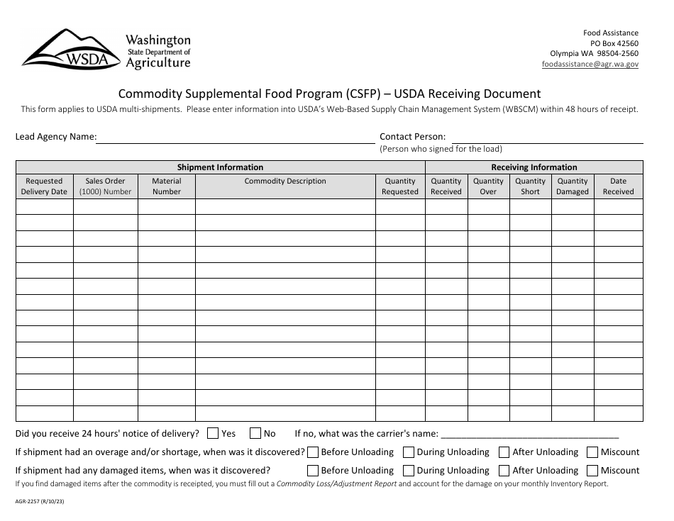 Form AGR-2257 Usda Receiving Document - Commodity Supplemental Food Program (Csfp) - Washington, Page 1