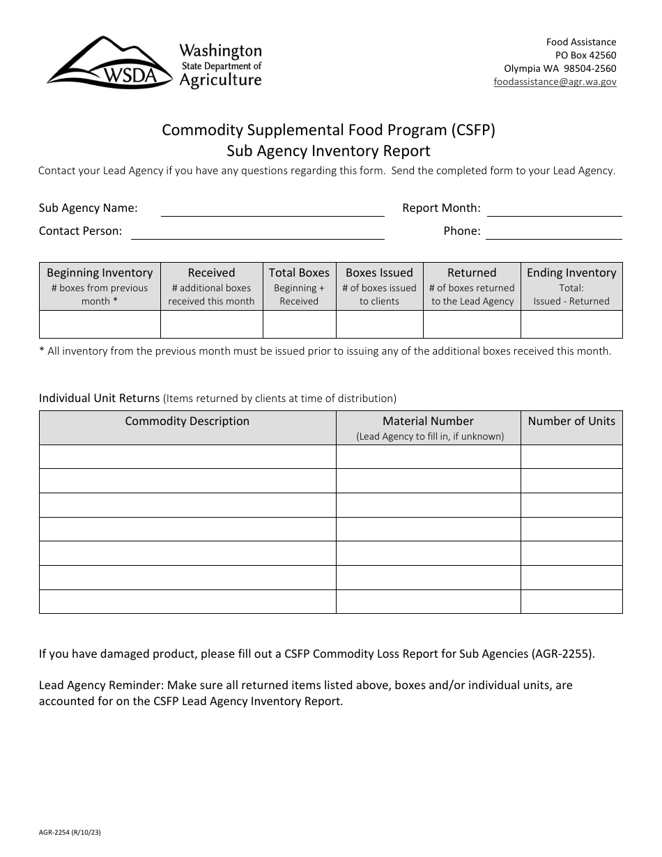 Form AGR-2254 Sub Agency Inventory Report - Commodity Supplemental Food Program (Csfp) - Washington, Page 1