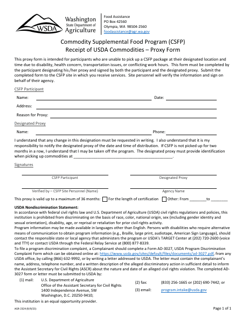 Form AGR-2324 Receipt of Usda Commodities - Proxy Form - Commodity Supplemental Food Program (Csfp) - Washington