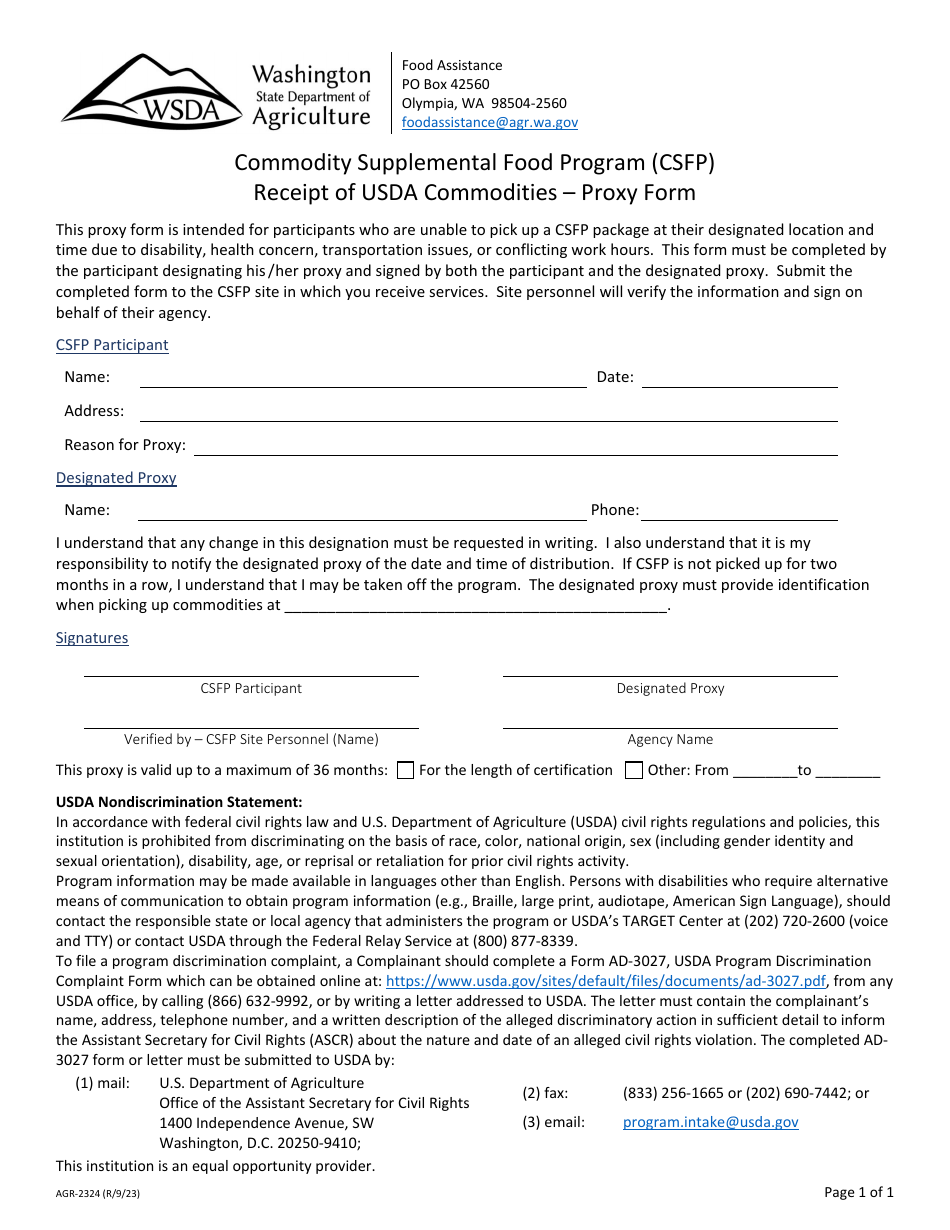Form AGR-2324 Receipt of Usda Commodities - Proxy Form - Commodity Supplemental Food Program (Csfp) - Washington, Page 1