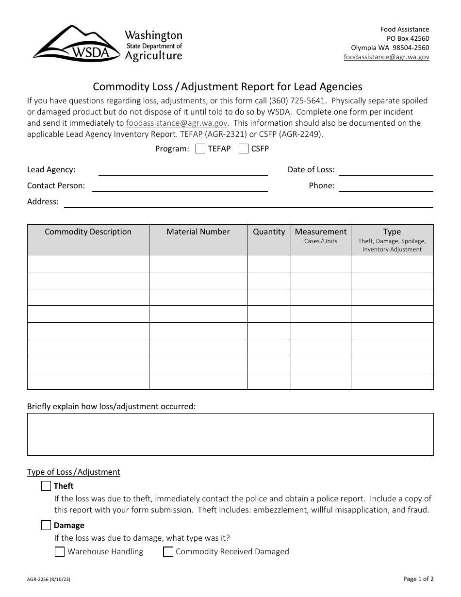 Form AGR-2256 Commodity Loss / Adjustment Report for Lead Agencies - Washington, Page 1