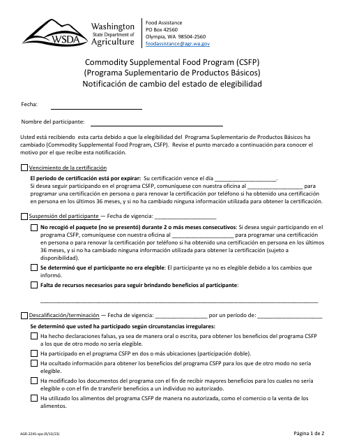 Formulario AGR-2245 Notificacion De Cambio Del Estado De Elegibilidad - Programa Suplementario De Productos Basicos - Washington (Spanish)