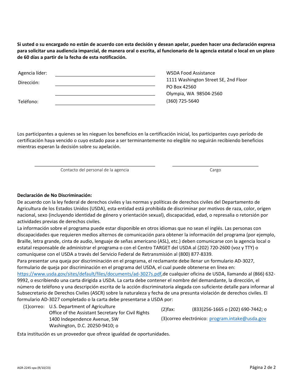 Formulario AGR-2245 Notificacion De Cambio Del Estado De Elegibilidad - Programa Suplementario De Productos Basicos - Washington (Spanish), Page 2