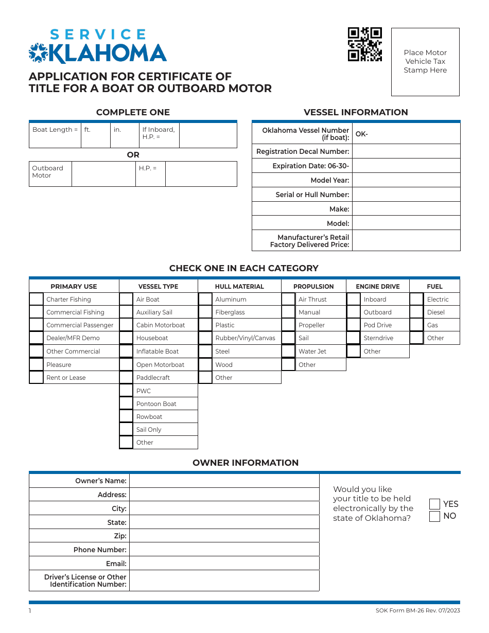 SOK Form BM-26 Application for Certificate of Title for a Boat or Outboard Motor - Oklahoma, Page 1