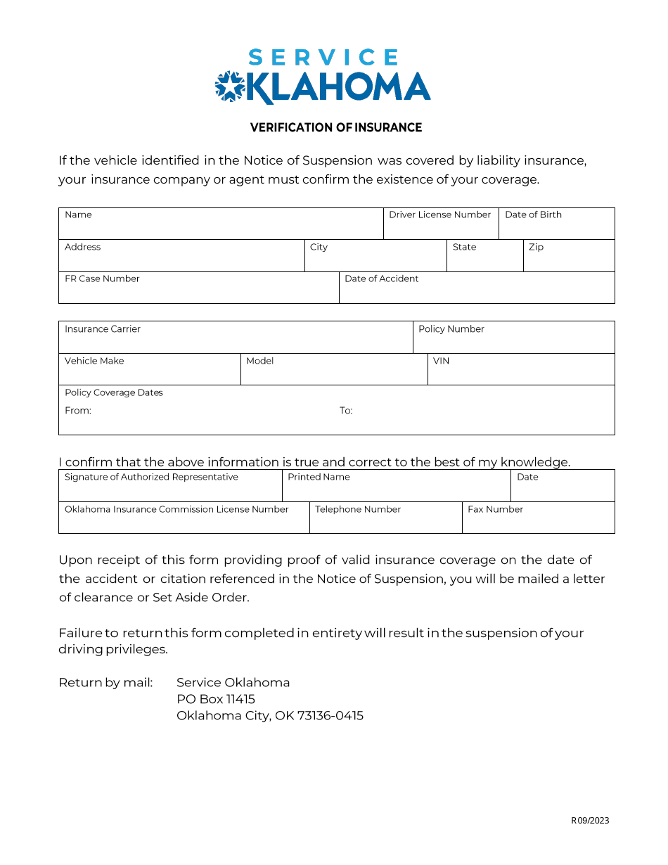 Oklahoma Verification of Insurance Fill Out, Sign Online and Download