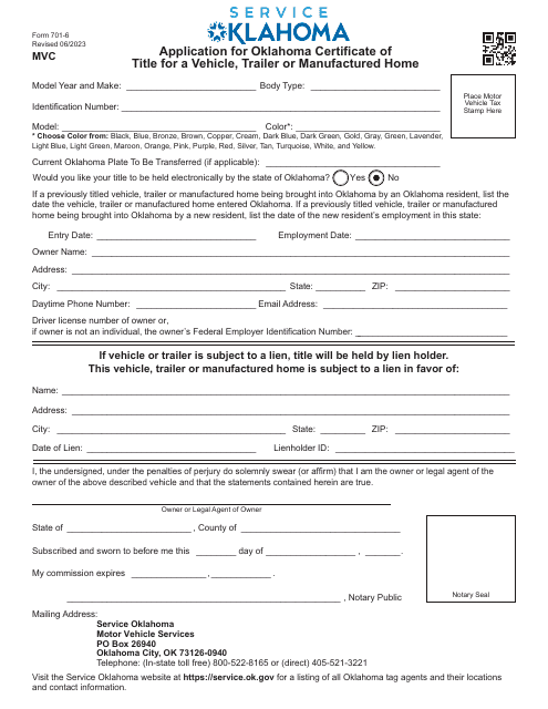 Form 701-6 Application for Oklahoma Certificate of Title for a Vehicle, Trailer or Manufactured Home - Oklahoma