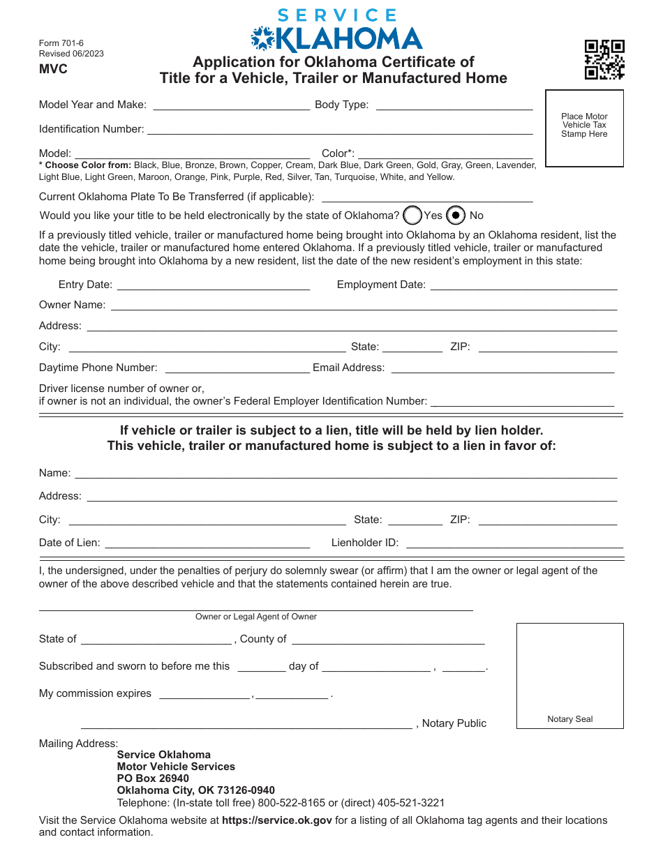 Form 701-6 Application for Oklahoma Certificate of Title for a Vehicle, Trailer or Manufactured Home - Oklahoma, Page 1