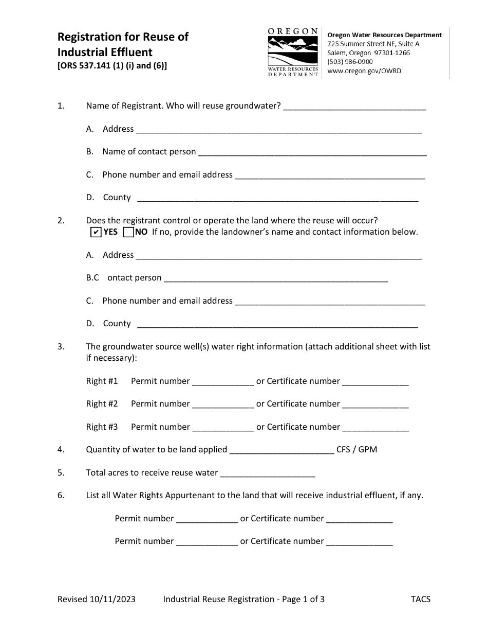 Registration for Reuse of Industrial Effluent - Oregon, Page 1