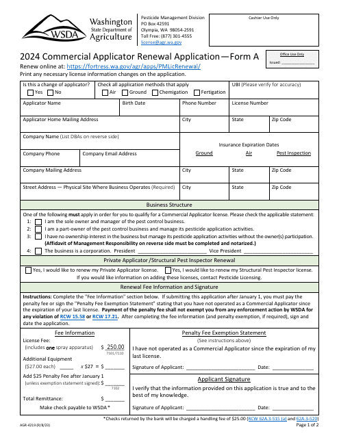 Form A (AGR-4219) Commercial Applicator Renewal Application - Washington, 2024