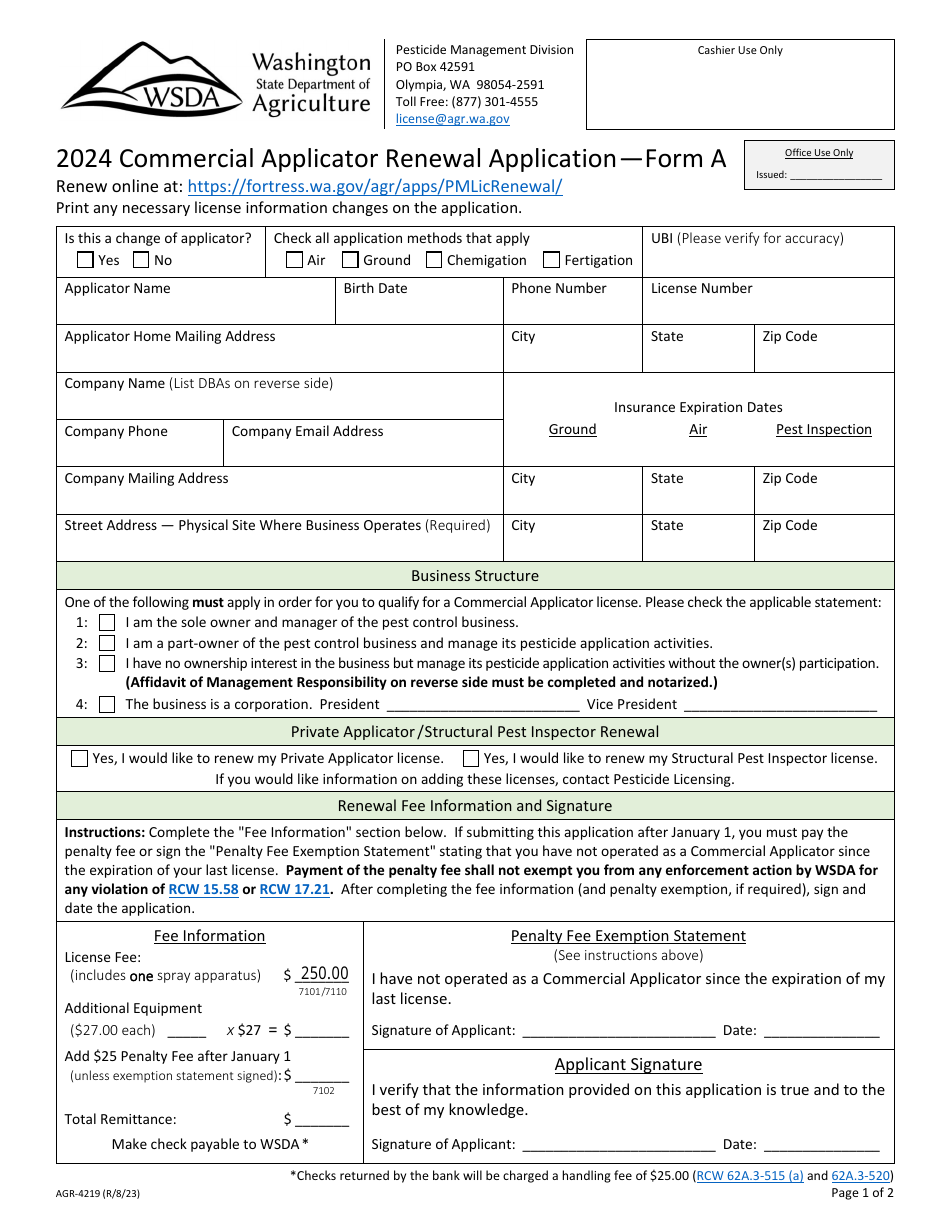 Form A (AGR-4219) Commercial Applicator Renewal Application - Washington, Page 1