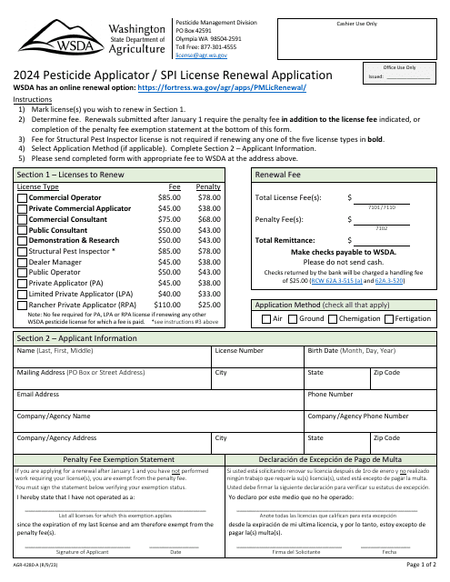 Form AGR-4280-A Pesticide Applicator/Spi License Renewal Application - Washington, 2024