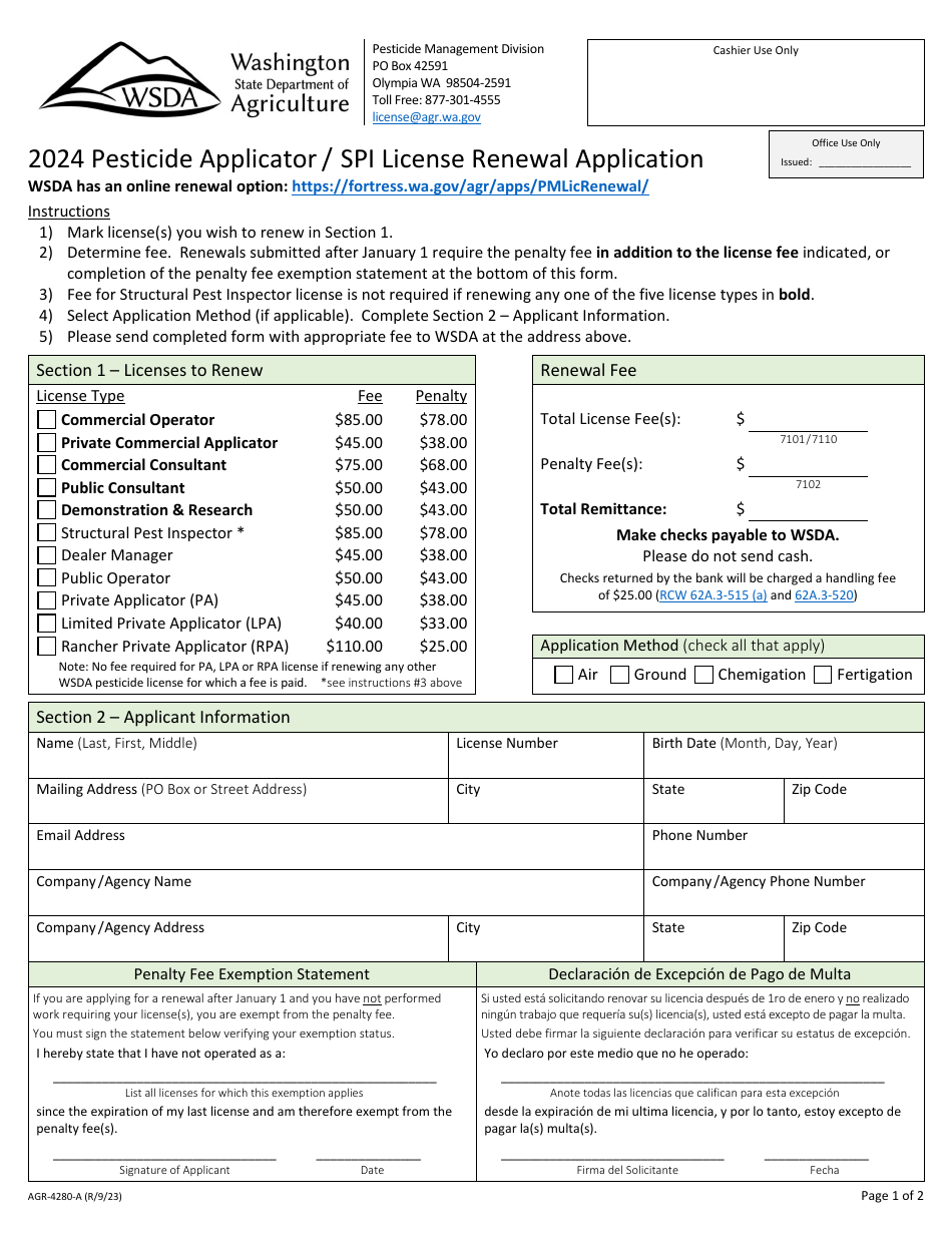 Form AGR-4280-A Pesticide Applicator / Spi License Renewal Application - Washington, Page 1
