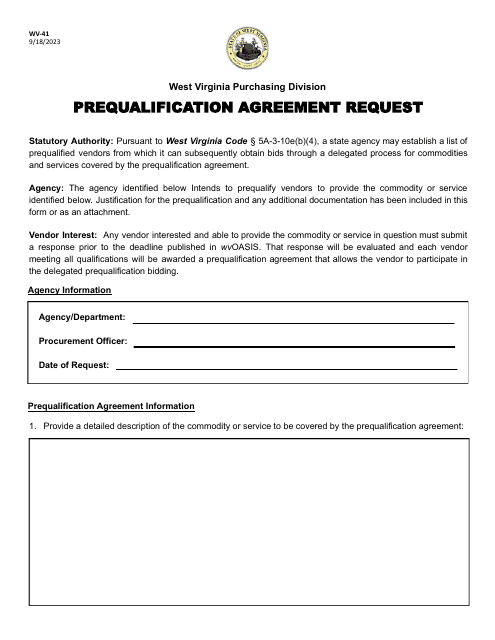 Form WV-41 Prequalification Agreement Request - West Virginia
